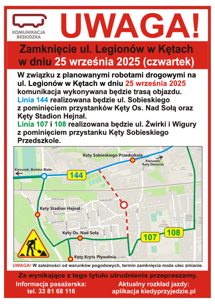 Uwaga! Objazd Kęty Legionów 09.2025 1