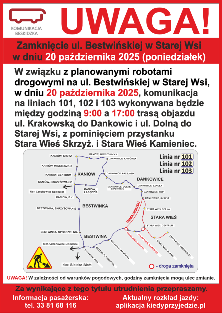 UWAGA! Zamknięcie ul. Bestwińskiej 20 października 2025
