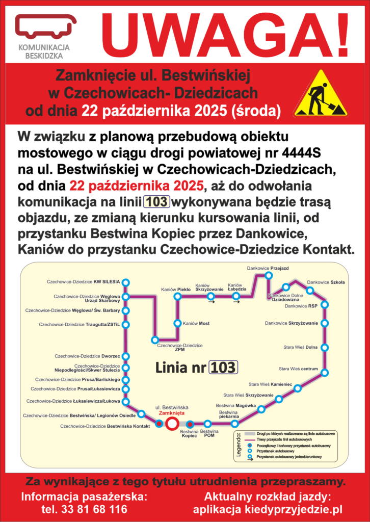 UWAGA! Zamknięcie ul. Bestwińskiej Cz Dz 22 października 2025