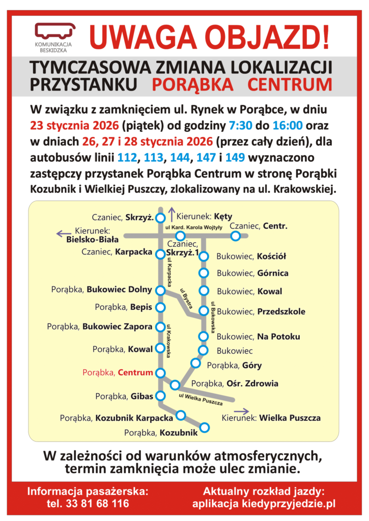 Uwaga! Objazd Porąbka Centrum 01.2026 1 Uwaga! Objazd Porąbka Centrum 01.2026 1