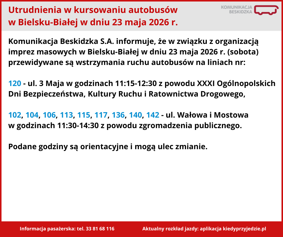 Bielsko utrudnienia 23.05.2026 Bielsko utrudnienia 23.05.2026