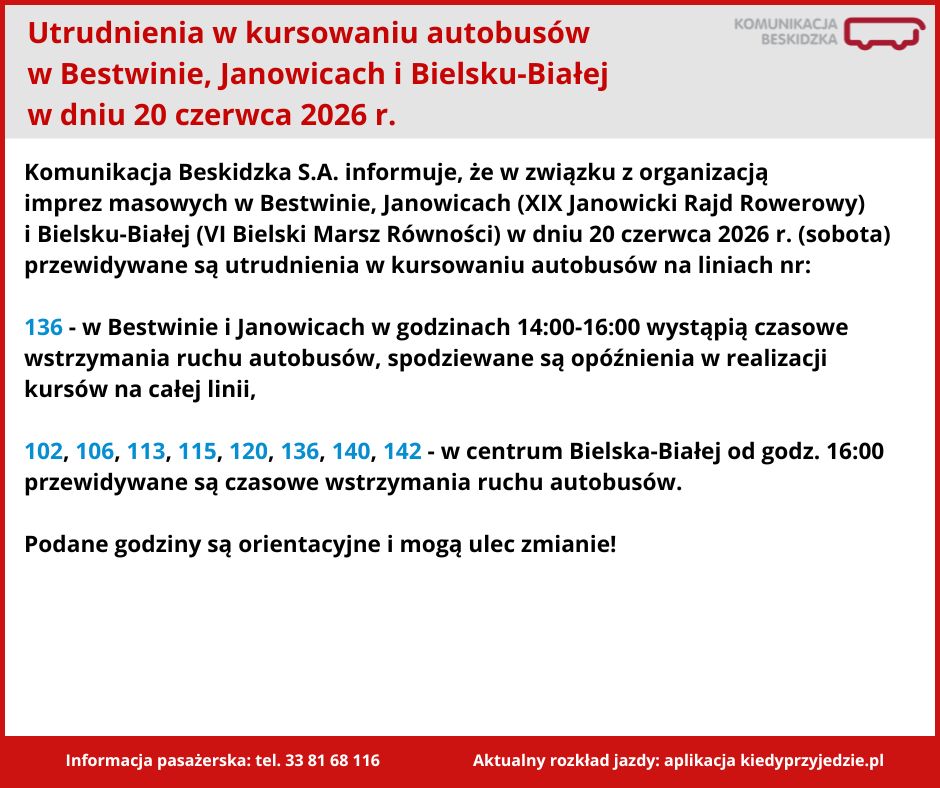 Utrudnienia 20.06.2026 Utrudnienia 20.06.2026